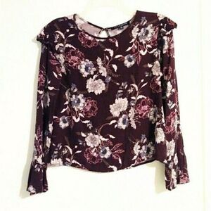 One Clothing Burgundy Floral Ruffle Shoulder Long Sleeve Blouse Top Size S